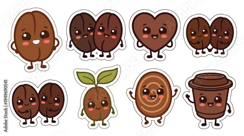 Collection of cute, kawaii-style coffee beans and related items with expressive faces, including a seedling, a coffee cup, and a heart-shaped chocolate.