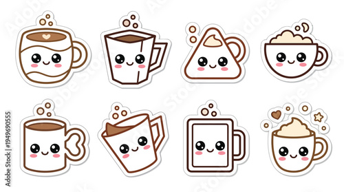 A collection of eight adorable kawaii-style coffee cups with cute faces and steaming tops, presented as individual stickers.