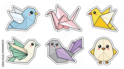 A charming collection of six colorful origami birds, each with a unique design and expression, presented against a white background.