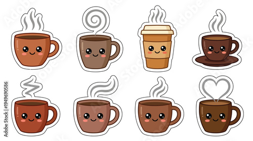A collection of eight adorable, kawaii-style coffee cups with smiling faces and steam rising, presented as stickers.