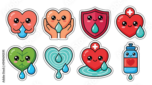 Collection of cute kawaii heart characters with water droplets, representing health and hydration, in a sticker art style.