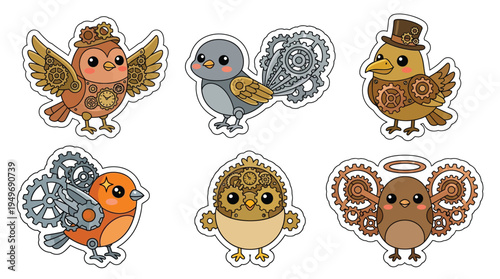 A charming collection of six whimsical steampunk-inspired birds, each adorned with intricate gears, clockwork mechanisms, and Victorian-era accessories like top hats and goggles.