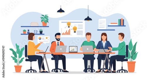 A diverse business team engages in a collaborative meeting, utilizing laptops and visual aids in a modern office environment.