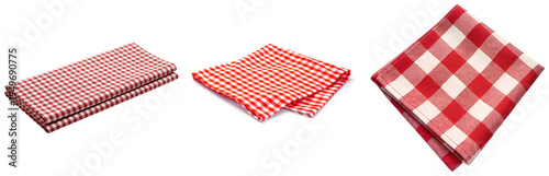 фотографія Photograph of three red and white gingham checkered cloth napkins, folded, isolated on transparent background