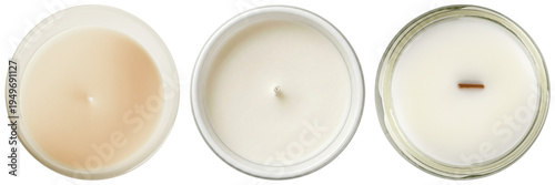 A realistic photograph of three unlit scented candles in glass jars, top-down view.