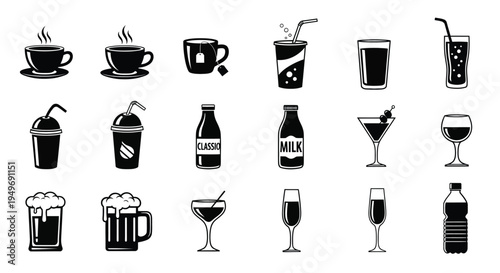 Collection of various beverage icons including coffee tea soda beer and cocktails in black and white