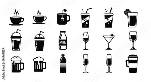 Collection of various drink icons including coffee tea milk soda beer wine and cocktails on white background