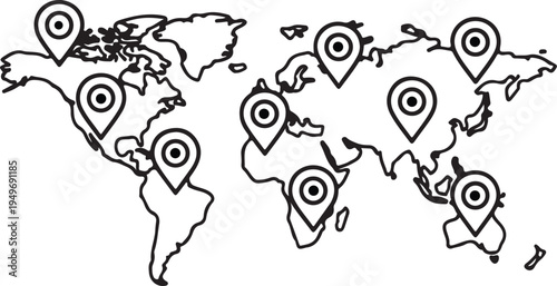 World map with multiple location pins for global navigation and tracking.