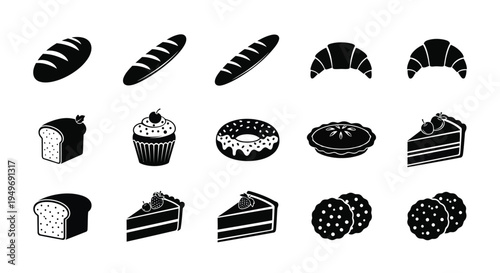 Variety of baked goods and desserts icons including bread cakes and pastries in black silhouette on white background for baking and food concepts