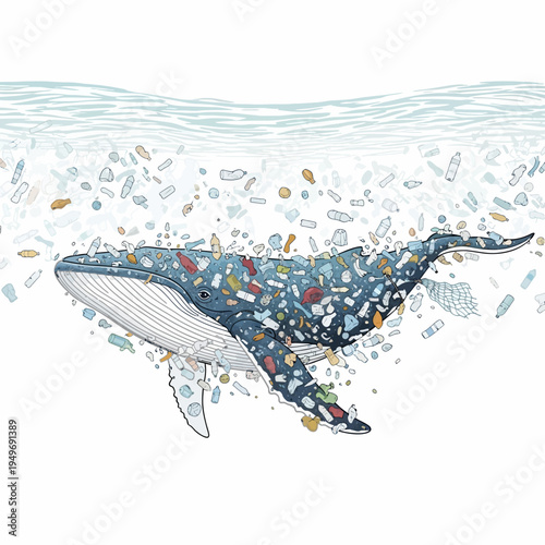 Whale swimming in ocean pollution plastic waste