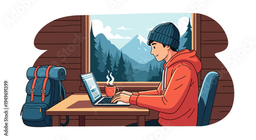 Vector illustration of a digital nomad man in an orange hoodie and beanie working on a laptop inside a cozy wooden cabin with a mountain view, coffee mug, and a backpack nearby.