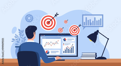 Flat vector illustration of a professional analyzing business data on a laptop screen featuring charts and graphs, with floating bullseye target icons and office desk items.