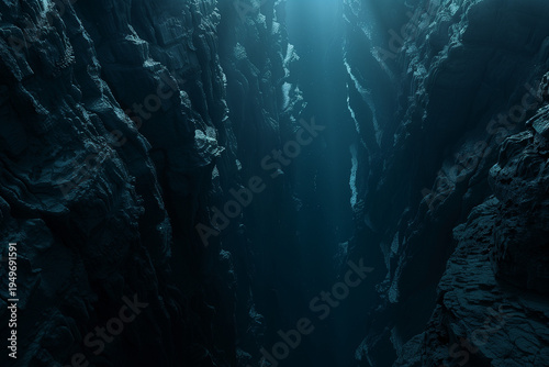 top-down view of a deep sea trench, endless dark chasm beneath the ocean surface, dramatic scale comparison, subtle light falloff into the abyss, realistic water physics, deep sea realism.
