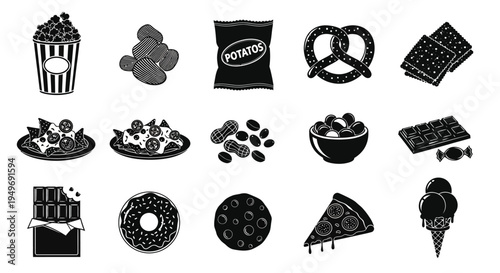 Assorted junk food and snacks icons including popcorn chips pretzels pizza and candy on white background