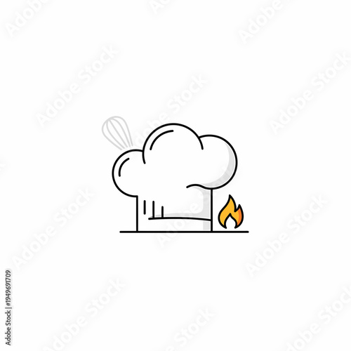 A chef's hat sits on an oven with a whisk and flame nearby indoors.