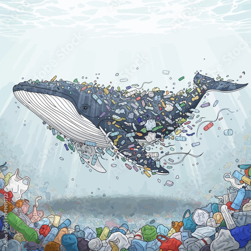 Whale swimming in ocean pollution plastic waste cartoon illustration