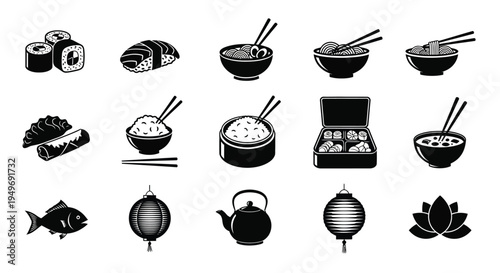 Various sushi and japanese food icons with chopsticks and tea on a white background