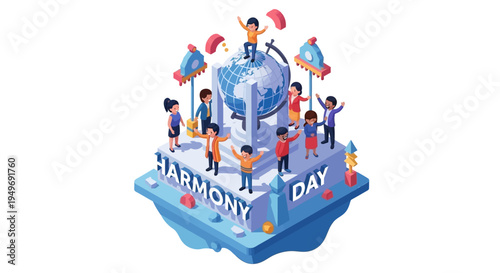 Isometric illustration of diverse people celebrating Harmony Day with a globe, conveying unity and peace on a blue platform.