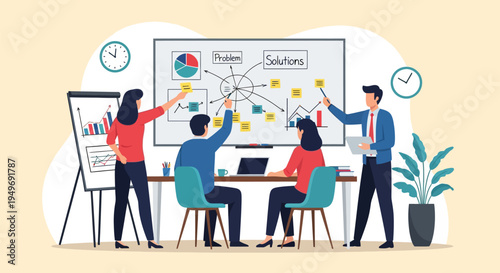 Corporate team brainstorming session with four professionals collaborating on a whiteboard featuring charts, diagrams, and sticky notes to find solutions for business problems.