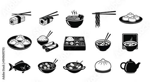 Variety of asian food and drink icons with chopsticks and cooking utensils on white background