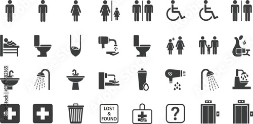 Public Facility Icons: A comprehensive array of restroom, accessibility, and facility icons, designed to visually guide and inform the public, ensuring easy navigation and understanding.