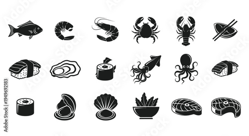 Variety of sushi and seafood icons including fish sushi rolls shrimp lobster and octopus on white background