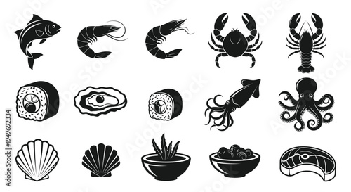 Seafood icons including fish shrimp crab sushi oysters squid and shellfish on white background for food and restaurant concepts