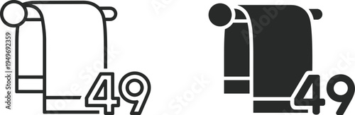 Bathroom towel hanging on rack icon set with number forty nine, outline and solid style hygiene cloth vector