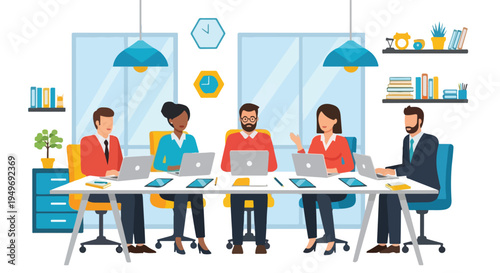 Five diverse professionals (three men, two women) collaborate at a modern conference table in a bright office, working on laptops and tablets.