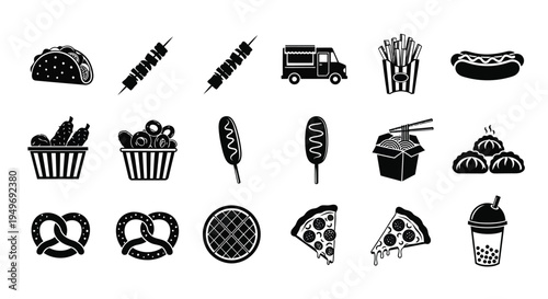 Variety of tasty street food icons on white background for menu design