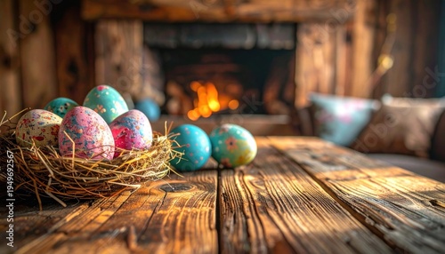 Easter eggs in a nest on a rustic wooden table with a fireplace in the background