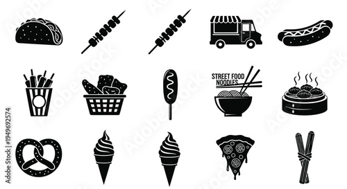 Black and white street food icons set including tacos skewers hot dog truck pretzel ice cream pizza and more on white background