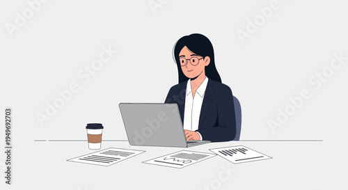 Professional young businesswoman wearing glasses and a blazer working on a laptop at a desk with financial documents, charts, and a coffee cup on a plain white background.