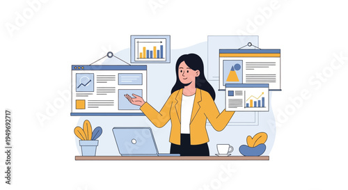 Vector illustration of a businesswoman in a yellow jacket managing various digital interface windows containing financial charts, data graphs, and project management workflows.