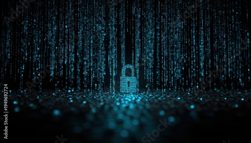 Digital Fortress - Padlock in a Matrix of Binary Code, Cyber Security.