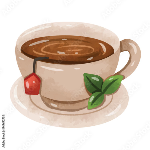 Tea cup vector illustration, tea cup clip art, a cup of tea with tea bag and mint leaves, hand drawn watercolor painting style, isolated on white background
