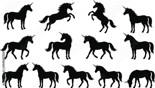 Black Unicorn Silhouette Set Collection Featuring Magical Mythical Creatures In Various Poses Like Jumping Rearing Standing And Grazing For Vector Design