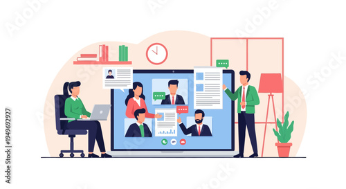 Flat vector illustration of a professional business team collaborating via video conference on a large laptop screen with remote participants, charts, icons, and office furniture.