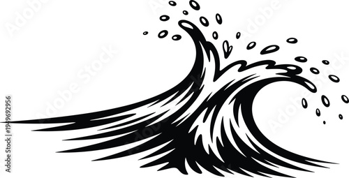 Black and white ocean wave illustration, dynamic sweeping lines, bold graphic art style, tattoo design concept, surfing and nature theme