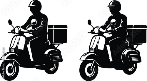 Delivery man on scooter silhouette vector illustration with courier riding motorbike and cargo box isolated on white background for logistics.