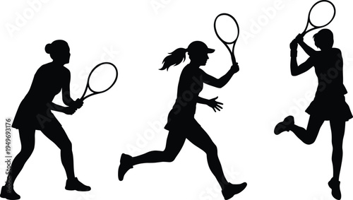 Female tennis player silhouette vector illustration set with women in action poses holding rackets isolated on white background for sports.