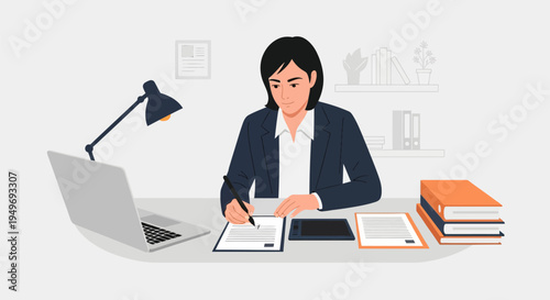 Professional businesswoman in a dark blue suit sitting at a white desk and signing a contract. Workspace includes a laptop, desk lamp, digital tablet, and folders. Vector illustration.