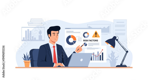 Vector illustration of a professional businessman in a suit at a desk analyzing a digital data dashboard labeled Risk Factors with pie charts, bar graphs, and line charts.