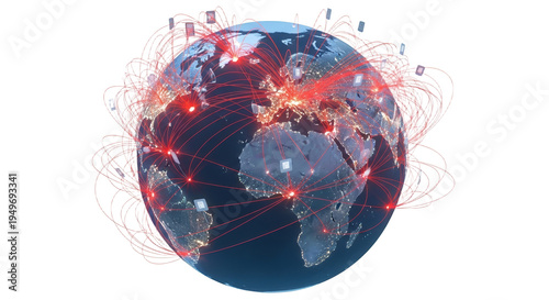 A globe with red and white lines connecting cities on transparent background