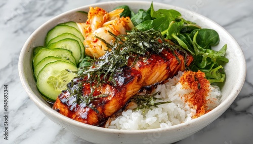 Glazed Salmon Bowl with Cucumber, Kimchi, and Spinach on Marble.