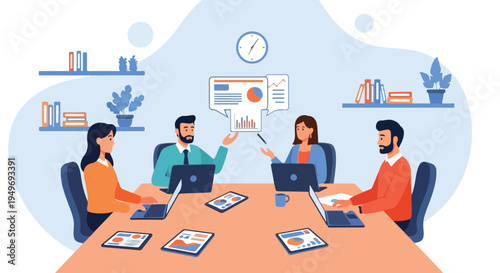 Four business professionals collaborate around a table with laptops and tablets, discussing data and charts in a modern office.