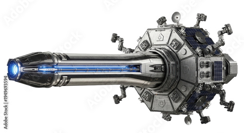 A futuristic spaceship with a sleek metallic design and glowing blue light on transparent background