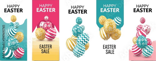 Happy Easter festive banners with colorful decorative eggs, ideal for holiday sales and seasonal promotions, featuring vibrant hues. happy easter poster design