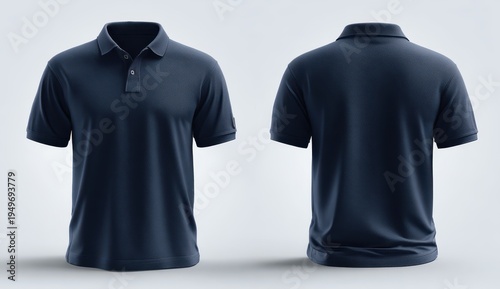 Navy Blue Polo Shirt Mockup - Front and Back View on White Background.