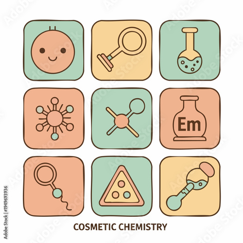 Cosmetic Chemistry Laboratory Icons Set Collection.